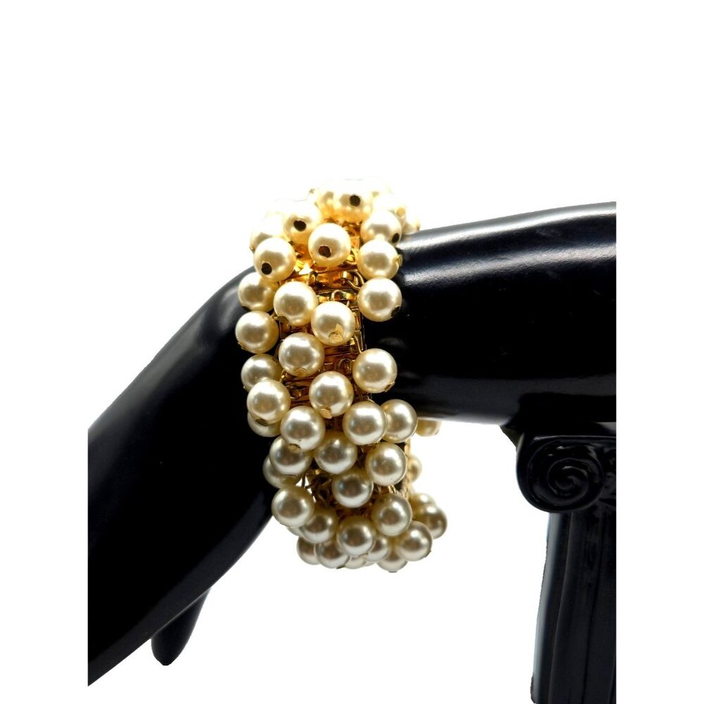 Vintage Gold Tone Cha Cha Bracelet Faux Pearls Stretch Mid Century Glam